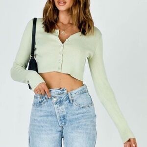 Princess Polly The Michael Top Cropped Sweater Ribbed Button Up Lime Sage Green